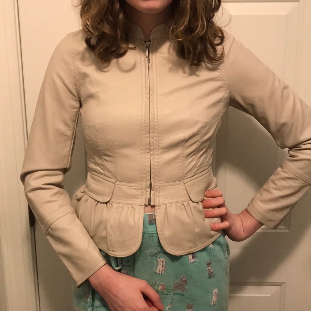 Peplum, cream cropped Leather Jacket